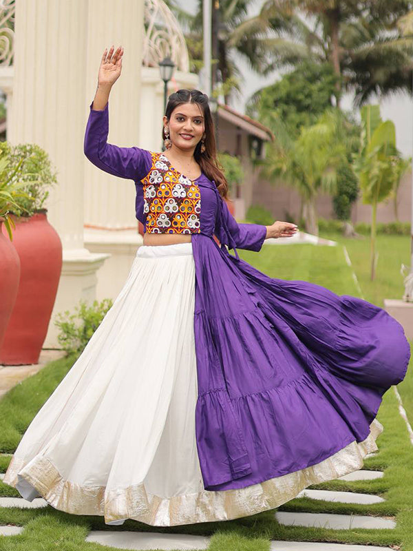 Purple Pure Cotton Gamthi Work Top With  Off White Lumpy Lace Lehenga
