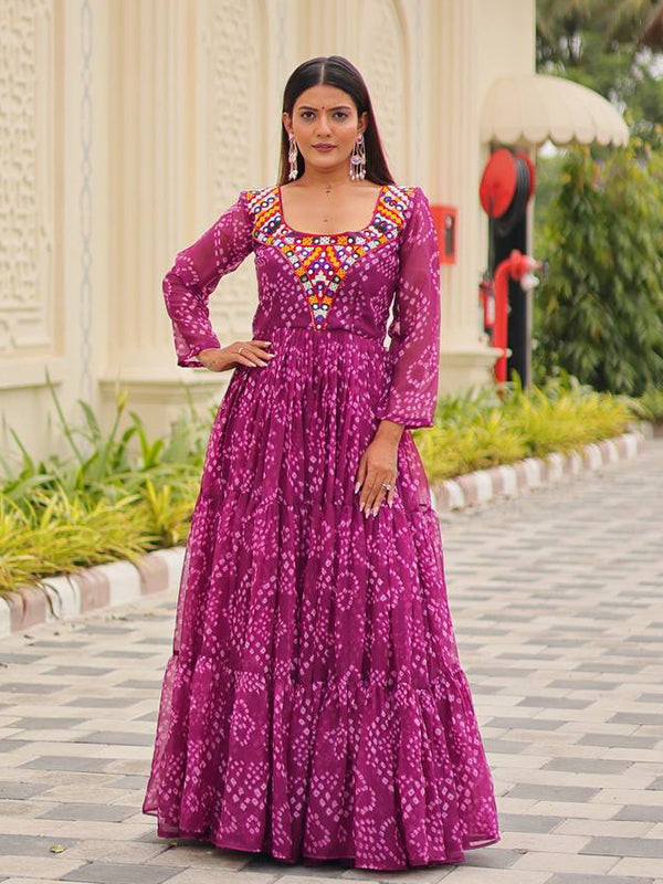 Magenta Kutchi Gamathi Work Full Flair Georgette Gown