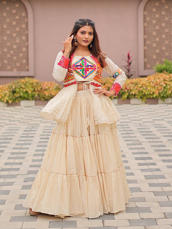 Off White Pure Cotton Lehenga Choli With Gamthi Work Koti