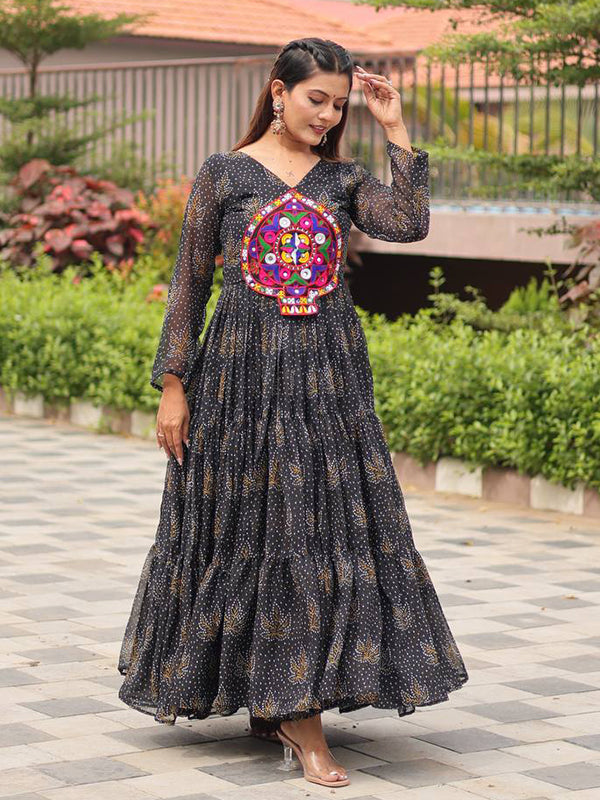 Black Kutchi Gamathi Work Georgette Gown