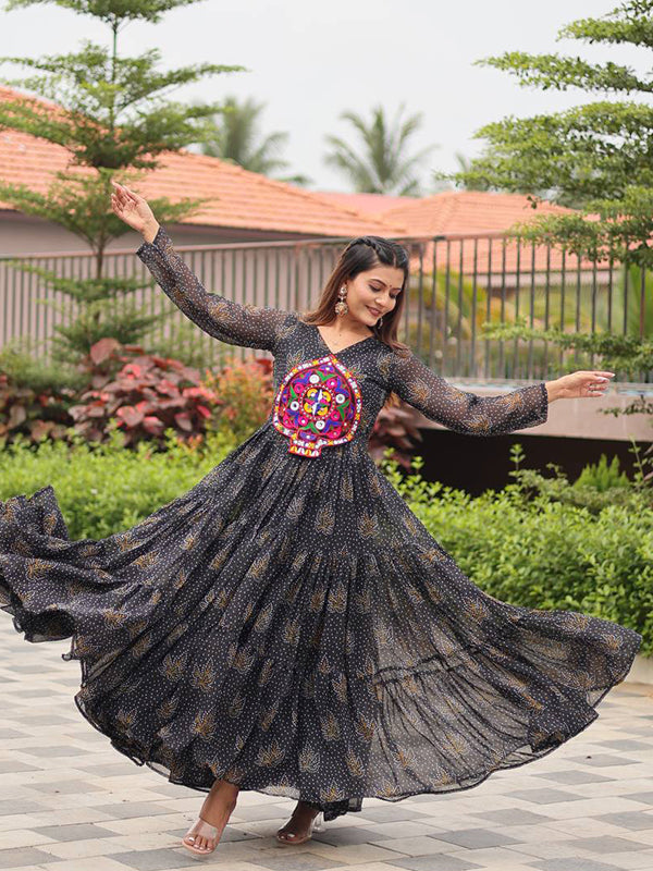 Black Kutchi Gamathi Work Georgette Gown