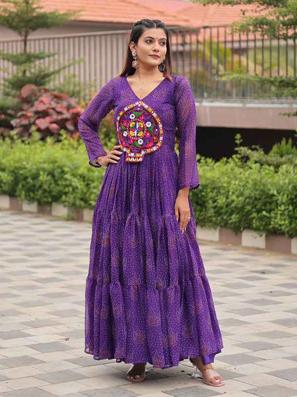 Purple Kutchi Gamathi Work Georgette Gown