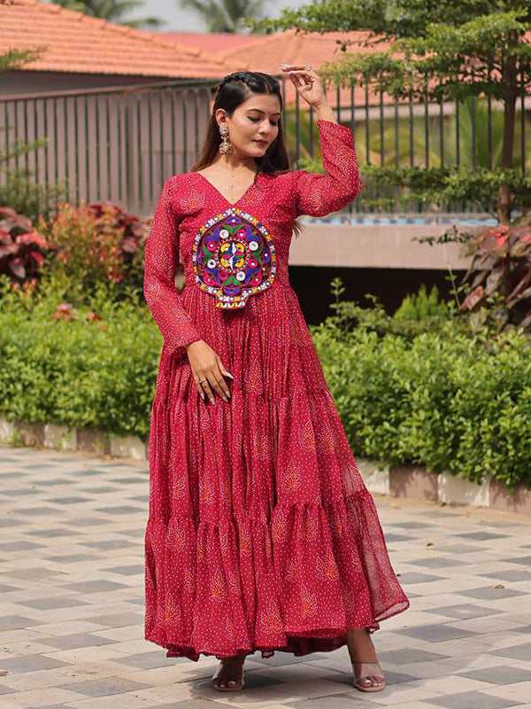 Maroon Kutchi Gamathi Work Georgette Gown