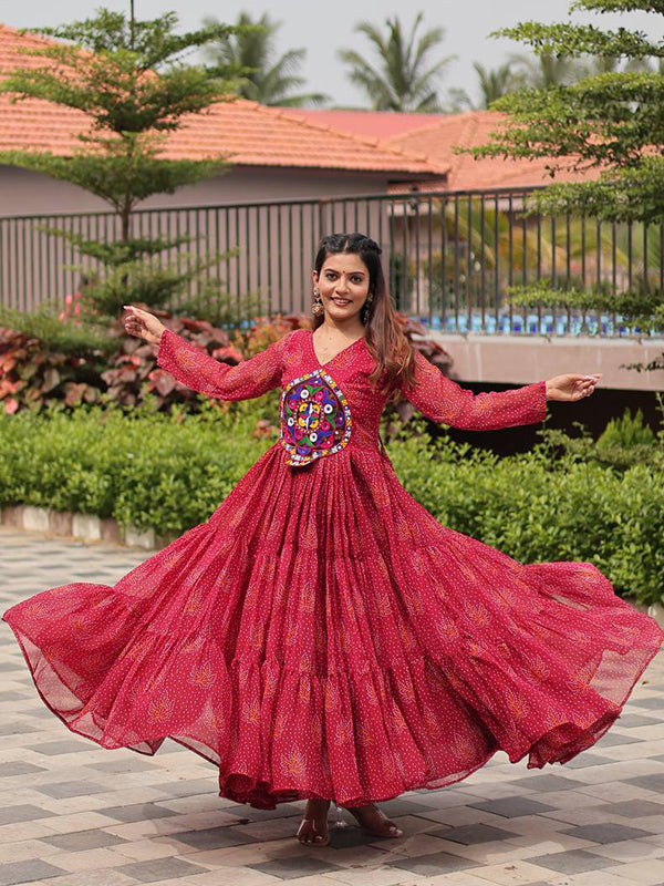 Maroon Kutchi Gamathi Work Georgette Gown