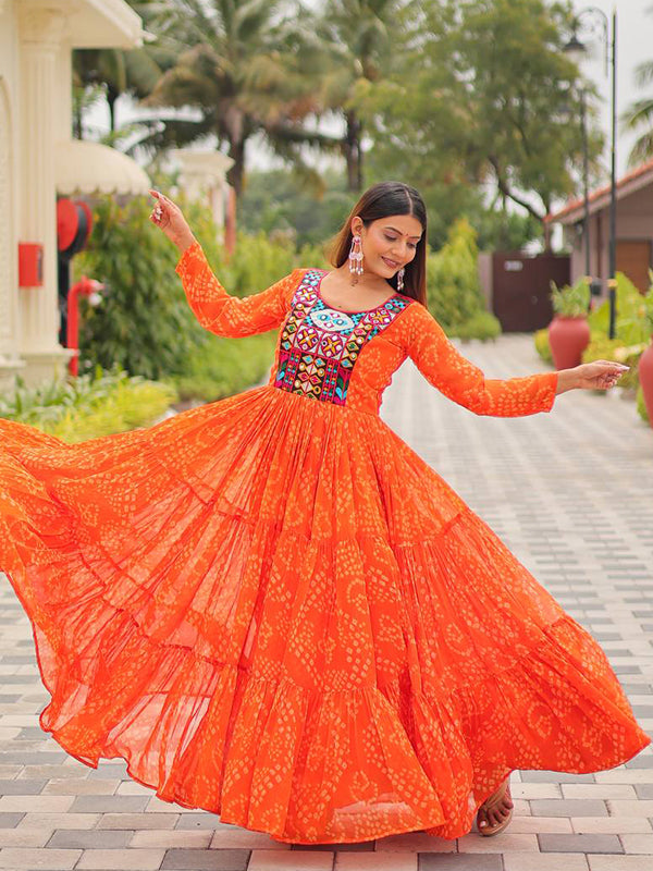 Orange Embroidery Thread Work Georgette Navratri Gown