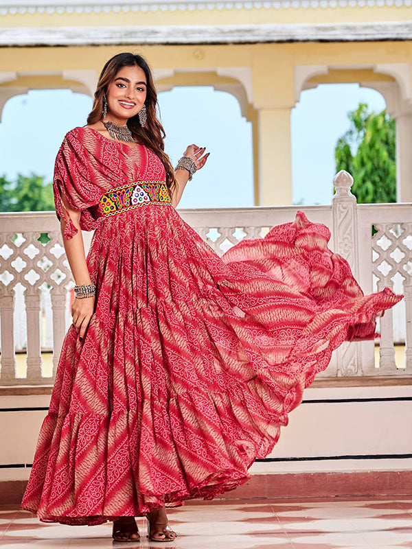 Maroon Gamathi Work Bandhani Printed Faux Georgette Gown