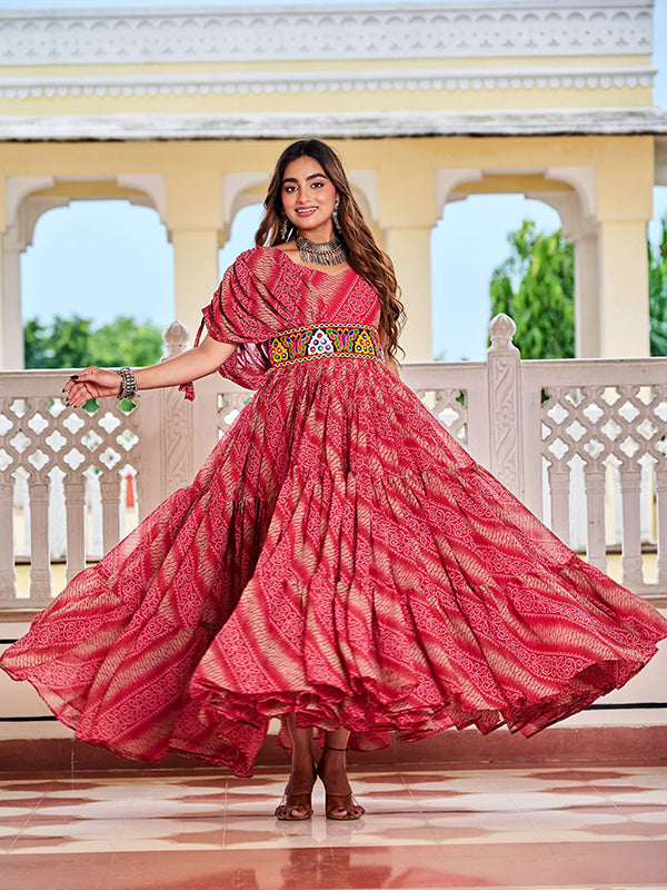 Maroon Gamathi Work Bandhani Printed Faux Georgette Gown