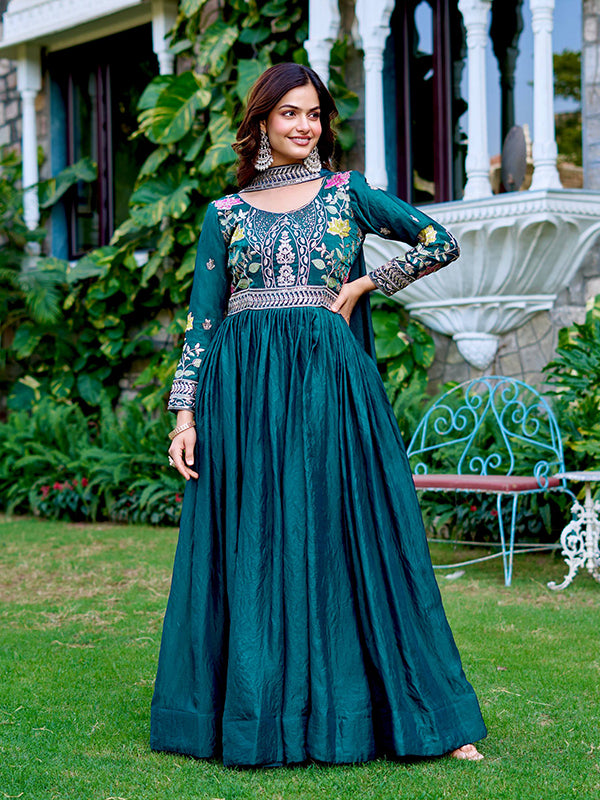 Teal Blue Sequins Embroidery Work Fendy Silk Gown With Dupatta