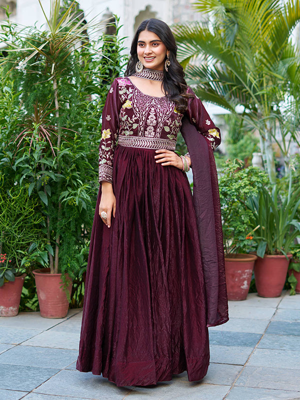 Wine Sequins Embroidery Work Fendy Silk Gown With Dupatta