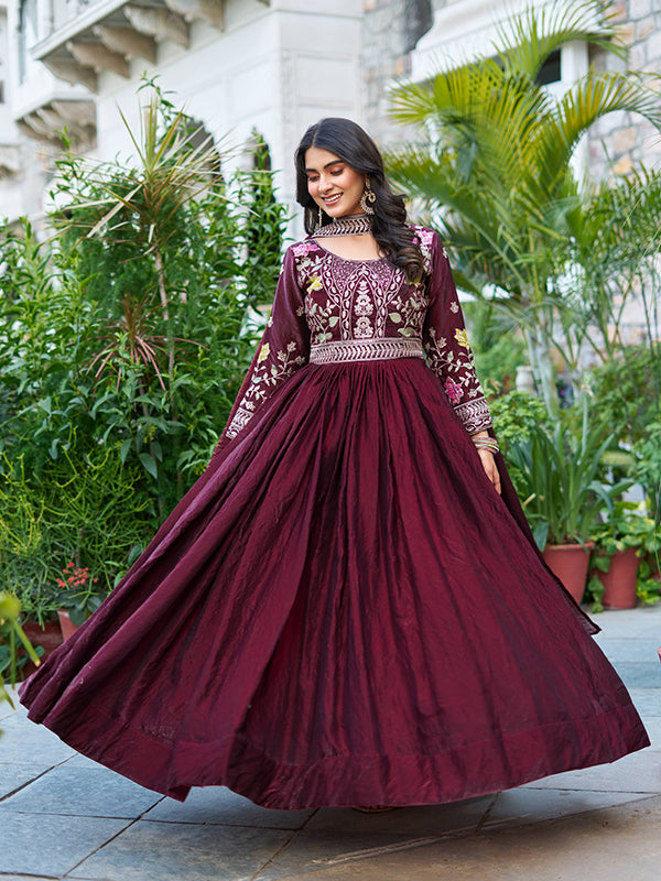 Wine Sequins Embroidery Work Fendy Silk Gown With Dupatta