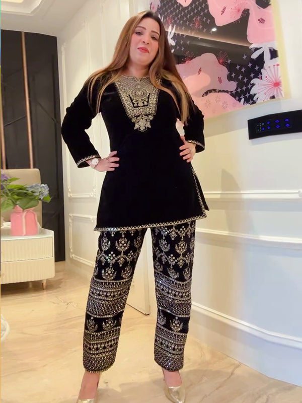 Black Velvet Sequence Embroidery Work Suit Pant With Dupatta