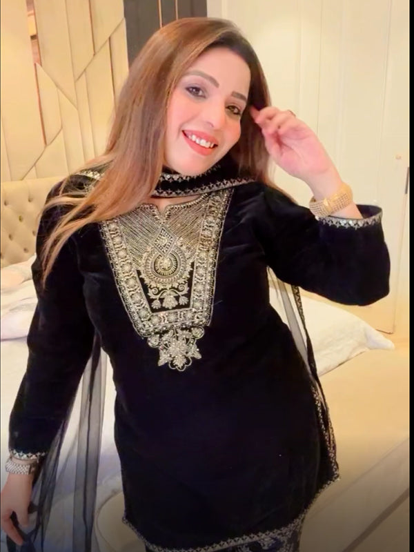 Black Velvet Sequence Embroidery Work Suit Pant With Dupatta