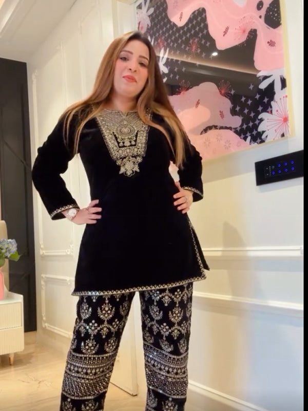 Black Velvet Sequence Embroidery Work Suit Pant With Dupatta