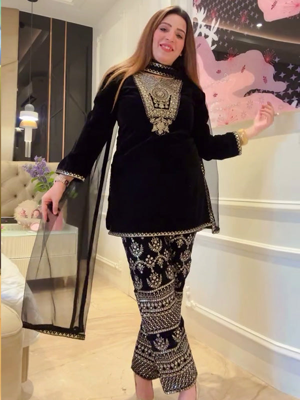 Black Velvet Sequence Embroidery Work Suit Pant With Dupatta