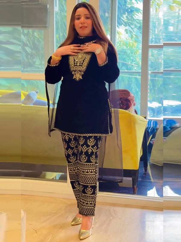 Royal Blue Velvet Sequence Embroidery Work Suit Pant With Dupatta