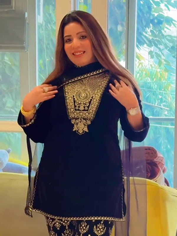 Royal Blue Velvet Sequence Embroidery Work Suit Pant With Dupatta