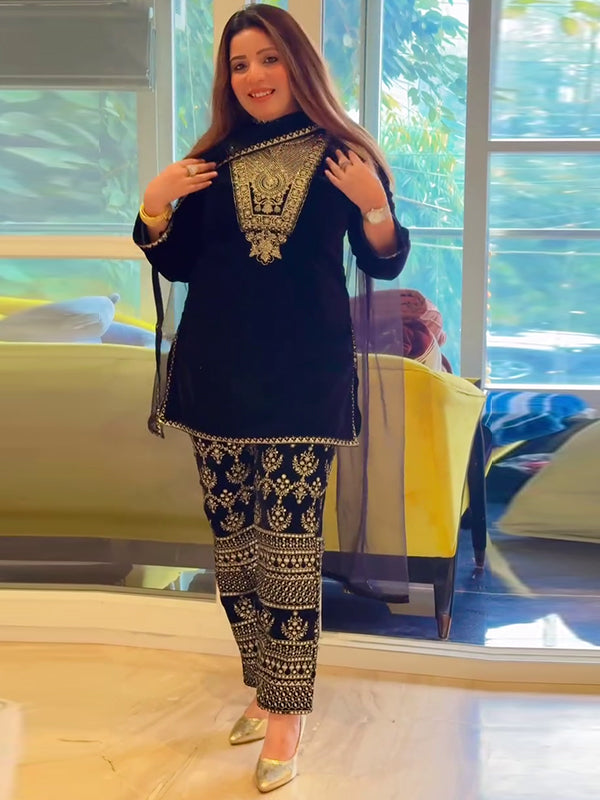 Royal Blue Velvet Sequence Embroidery Work Suit Pant With Dupatta