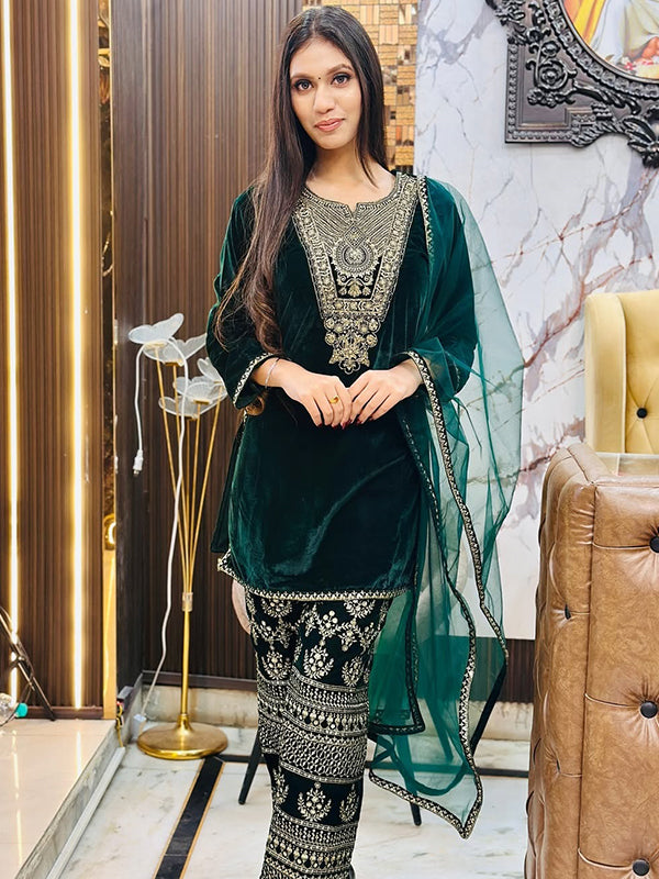 Green Velvet Sequence Embroidery Work Suit Pant With Dupatta