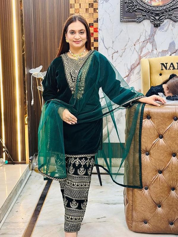 Green Velvet Sequence Embroidery Work Suit Pant With Dupatta