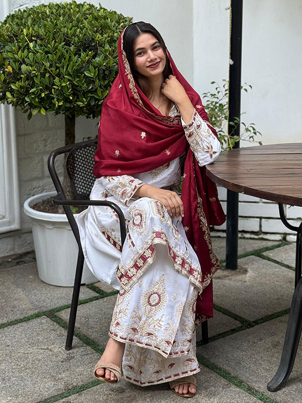 Off White Embroidery Sequence Work Chinon Silk Plazzo Suit With Maroon Dupatta