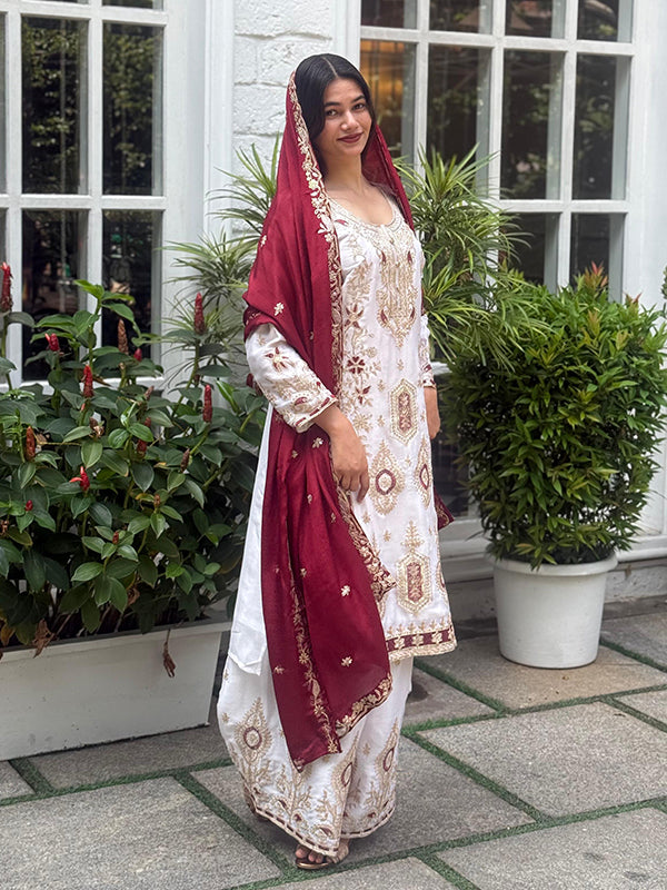 Off White Embroidery Sequence Work Chinon Silk Plazzo Suit With Maroon Dupatta