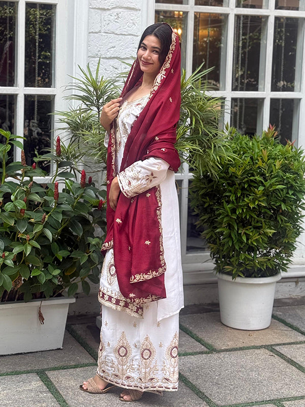 Off White Embroidery Sequence Work Chinon Silk Plazzo Suit With Maroon Dupatta