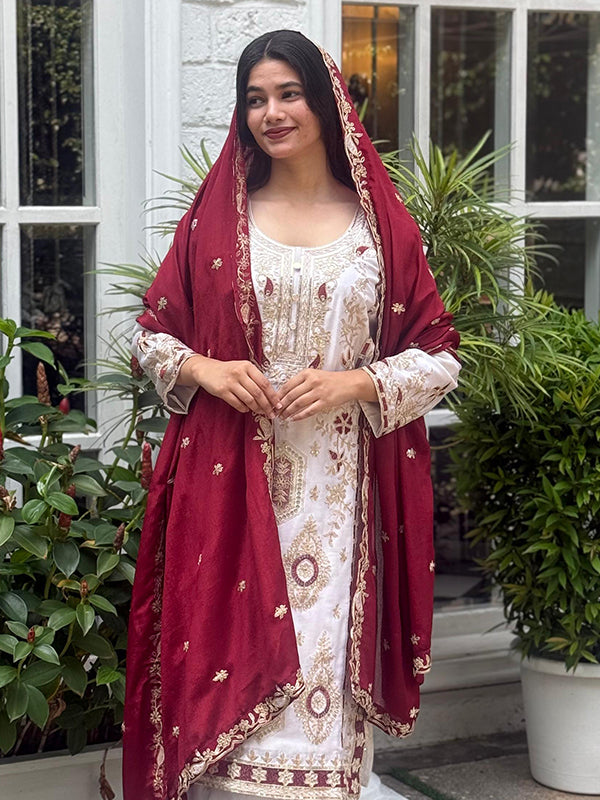 Off White Embroidery Sequence Work Chinon Silk Plazzo Suit With Maroon Dupatta