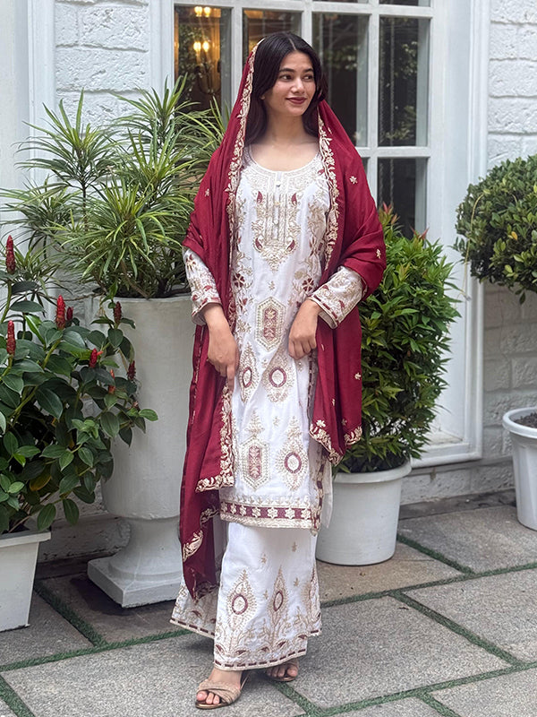Off White Embroidery Sequence Work Chinon Silk Plazzo Suit With Maroon Dupatta