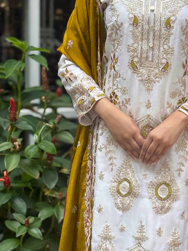 Off White Embroidery Sequence Work Chinon Silk Plazzo Suit With Mustard Yellow Dupatta