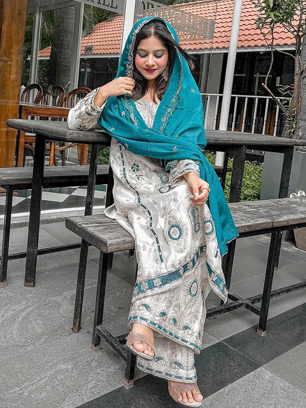 Off White Embroidery Sequence Work Chinon Silk Plazzo Suit With Sky Blue Dupatta