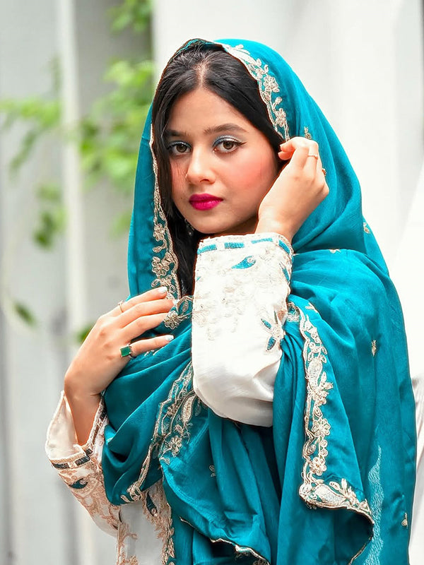 Off White Embroidery Sequence Work Chinon Silk Plazzo Suit With Sky Blue Dupatta