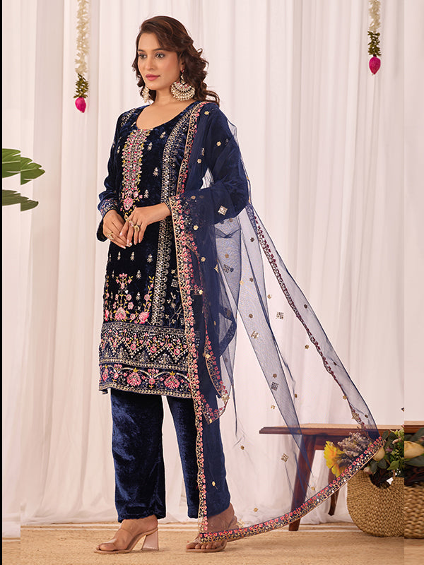 Blue Sequence Embroidery Work Velvet Suit With Net Dupatta