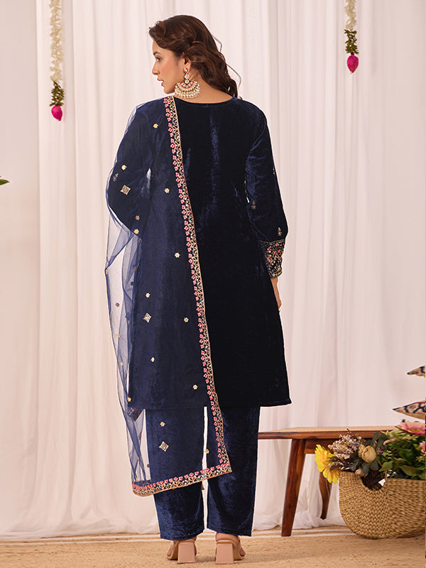 Blue Sequence Embroidery Work Velvet Suit With Net Dupatta