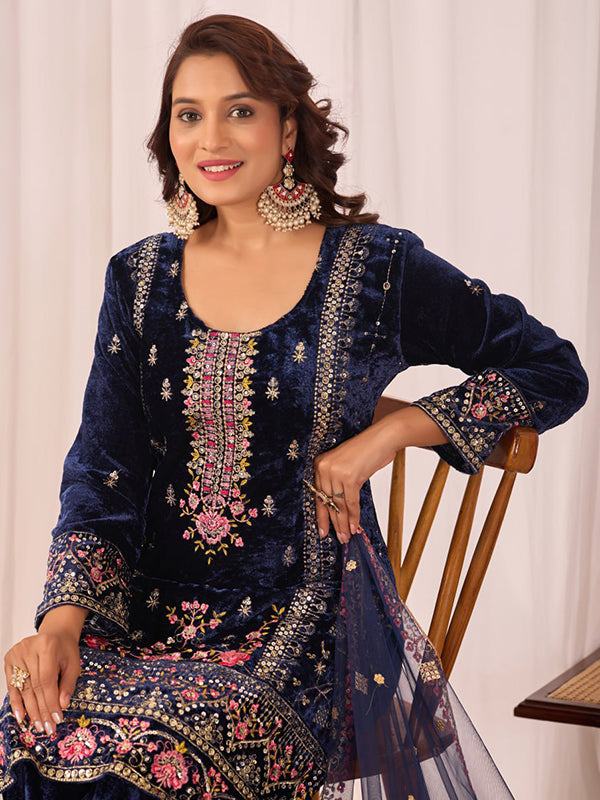 Blue Sequence Embroidery Work Velvet Suit With Net Dupatta