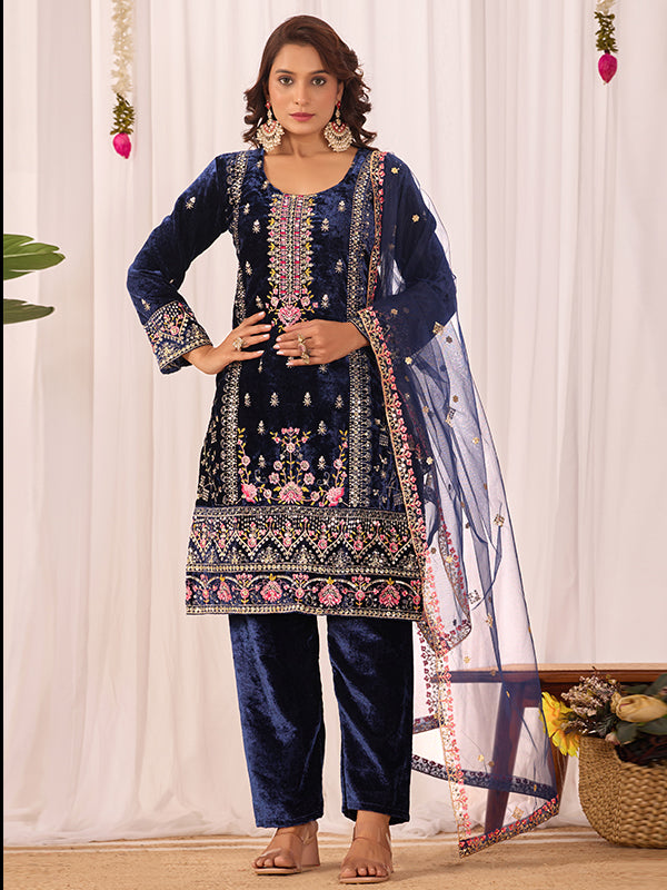 Blue Sequence Embroidery Work Velvet Suit With Net Dupatta