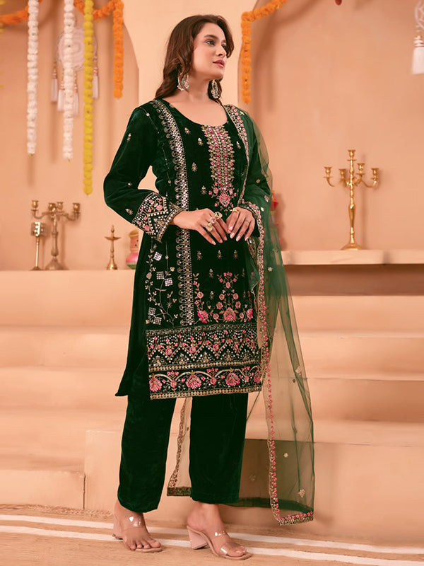 Green Sequence Embroidery Work Velvet Suit With Net Dupatta
