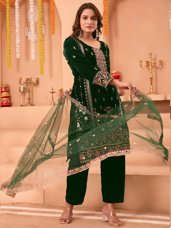 Green Sequence Embroidery Work Velvet Suit With Net Dupatta