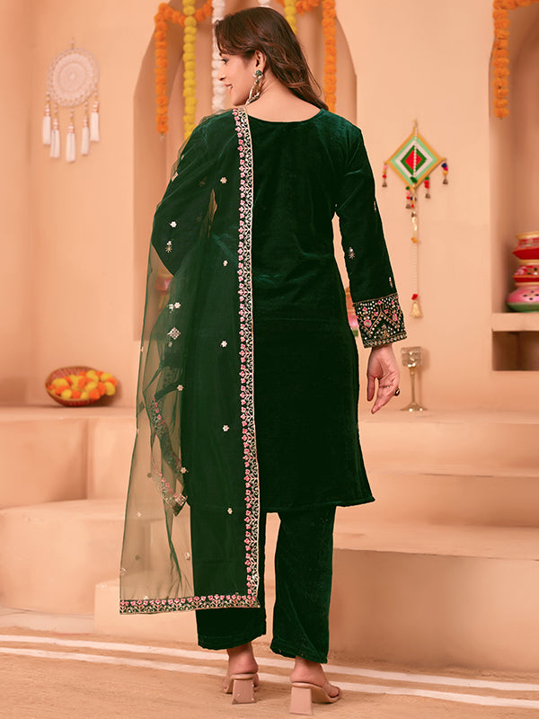 Green Sequence Embroidery Work Velvet Suit With Net Dupatta