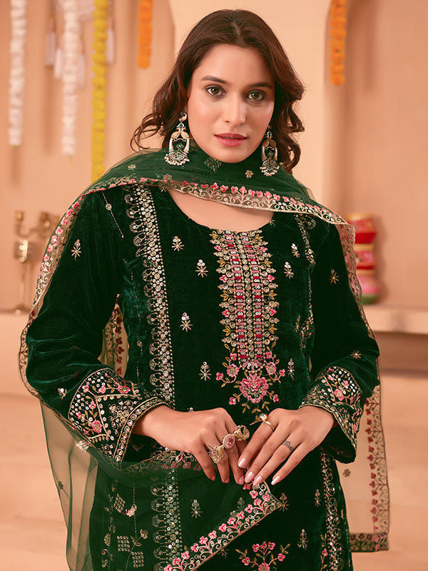 Green Sequence Embroidery Work Velvet Suit With Net Dupatta