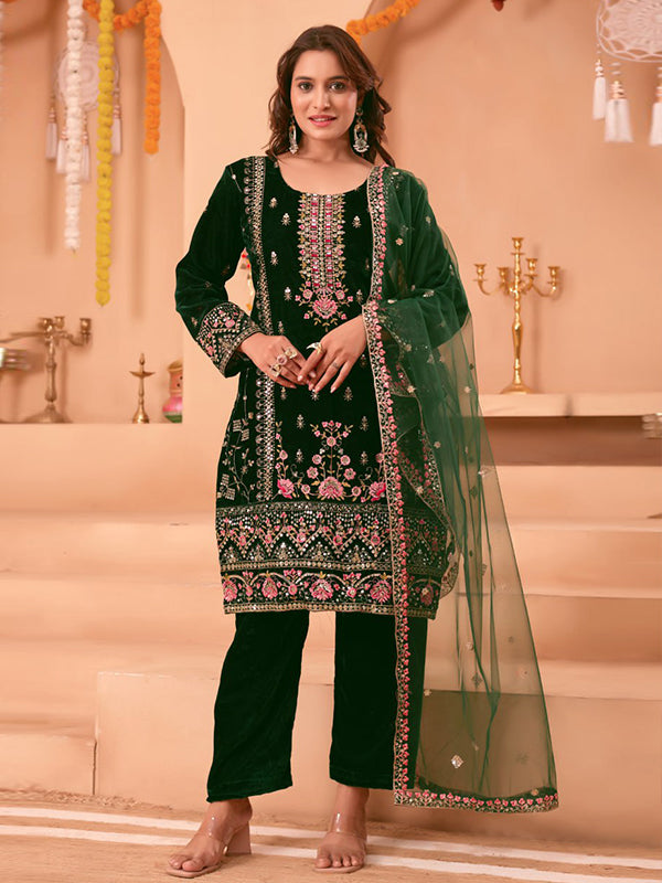 Green Sequence Embroidery Work Velvet Suit With Net Dupatta