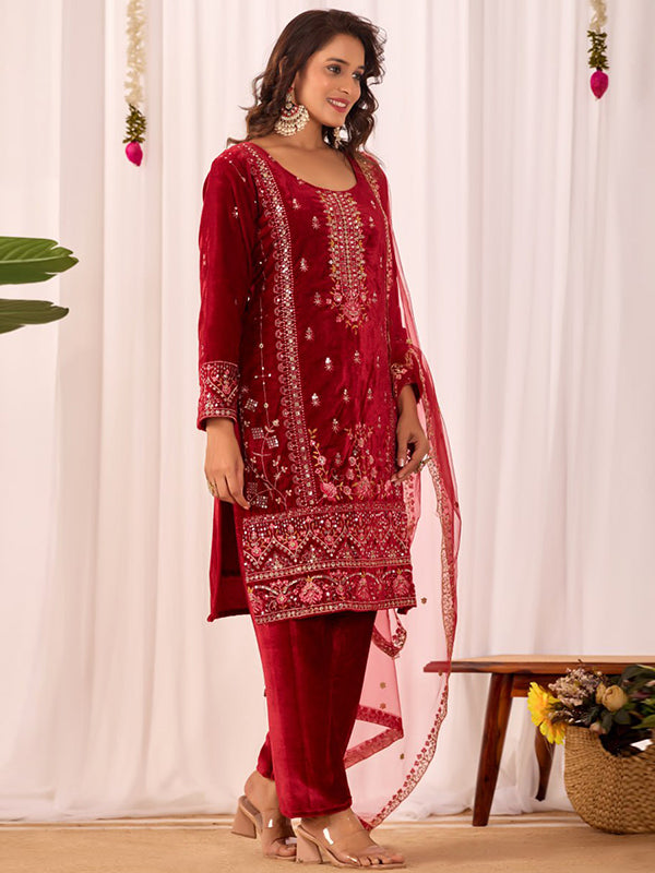 Maroon Sequence Embroidery Work Velvet Suit With Net Dupatta