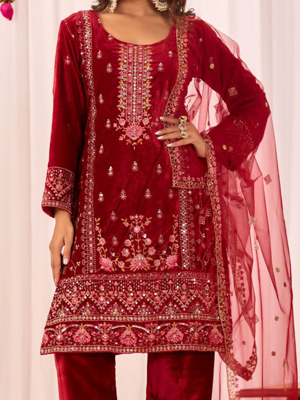 Maroon Sequence Embroidery Work Velvet Suit With Net Dupatta