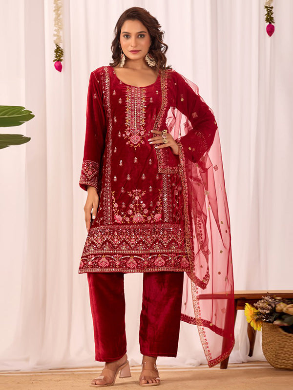Maroon Sequence Embroidery Work Velvet Suit With Net Dupatta
