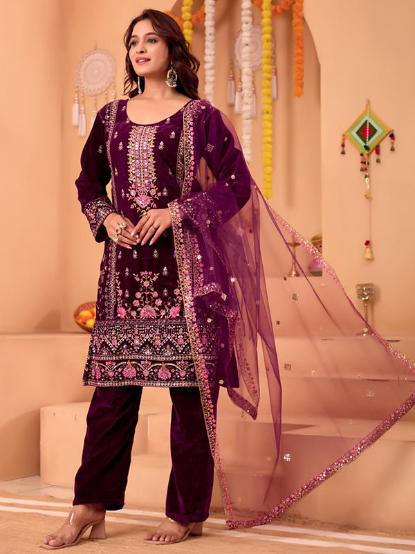 Wine Sequence Embroidery Work Velvet Suit With Net Dupatta