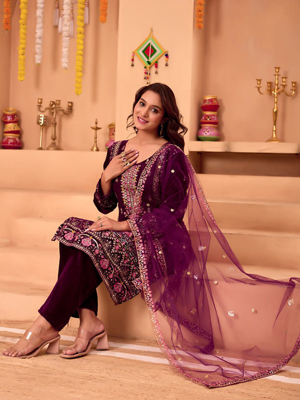 Wine Sequence Embroidery Work Velvet Suit With Net Dupatta