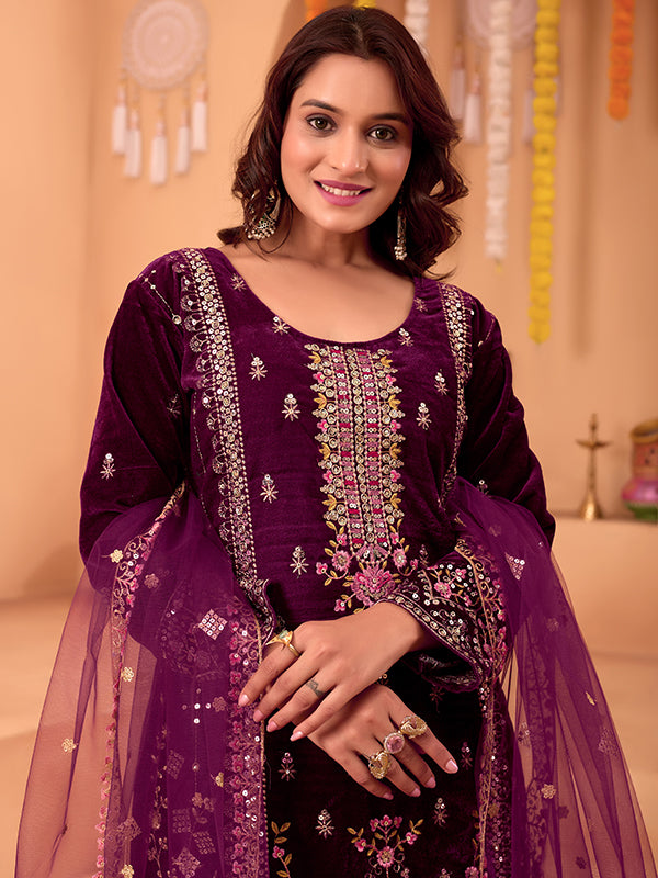 Wine Sequence Embroidery Work Velvet Suit With Net Dupatta