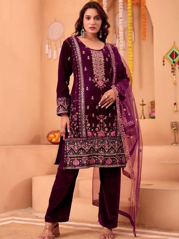 Wine Sequence Embroidery Work Velvet Suit With Net Dupatta