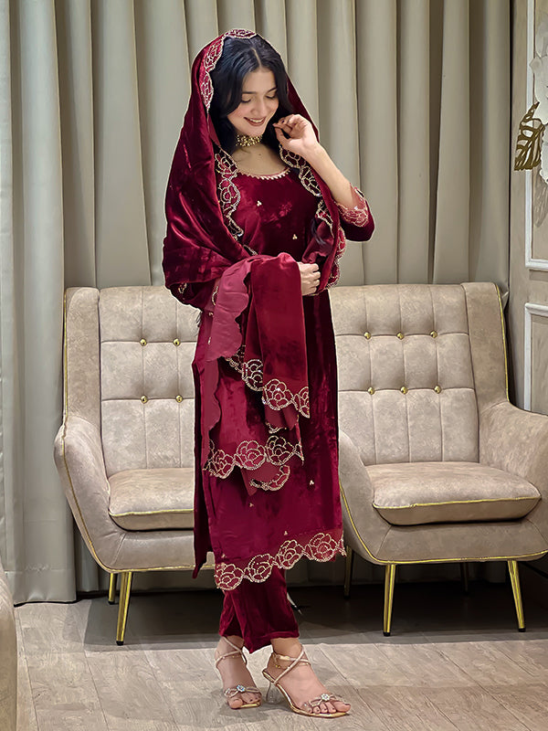 Maroon Rhinestone Work Viscose Velvet Suit Set With Dupatta