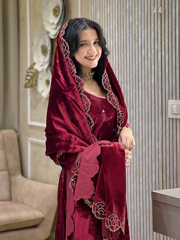 Maroon Rhinestone Work Viscose Velvet Suit Set With Dupatta