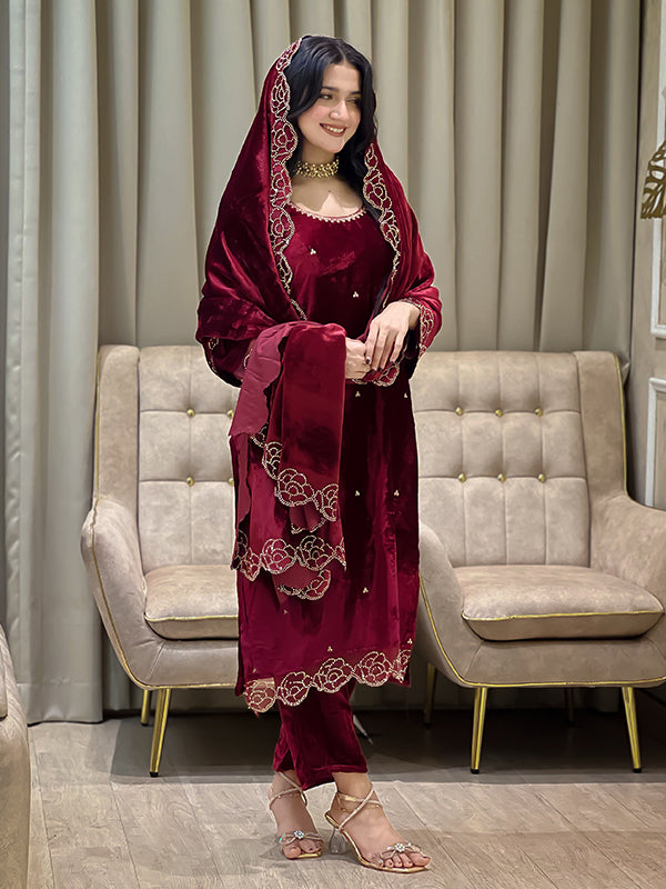 Maroon Rhinestone Work Viscose Velvet Suit Set With Dupatta